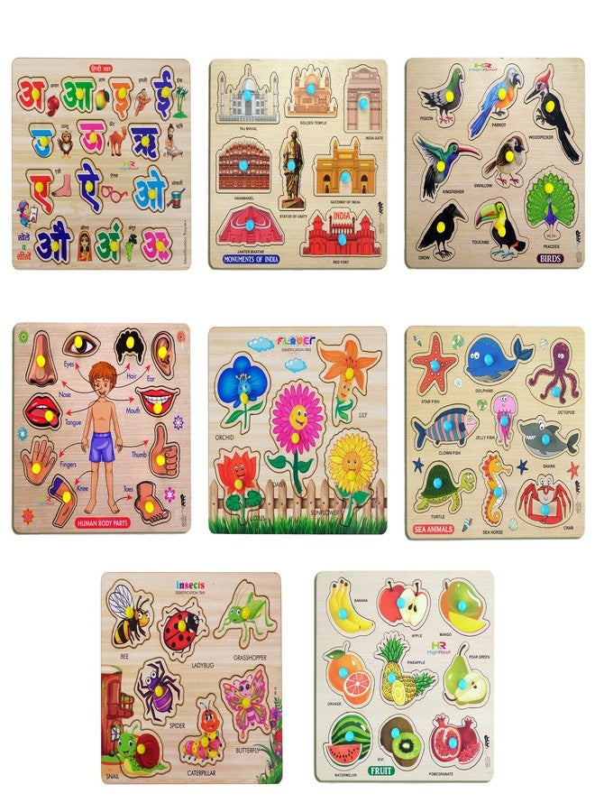 HIGHROOF® Kids Fort Pre Nursery Educational Jigsaw Puzzles for Adults Kids Learning Toys Kit Board Game 8 pcs Set of Hindi Letter Monuments Bird Body Part Fruit Shape Colour Educational Toy - Image 1